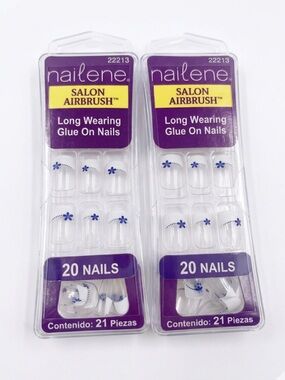 NEW Nailene Salon Airbrush White French Glue-On Nails with Blue Floral Accent
